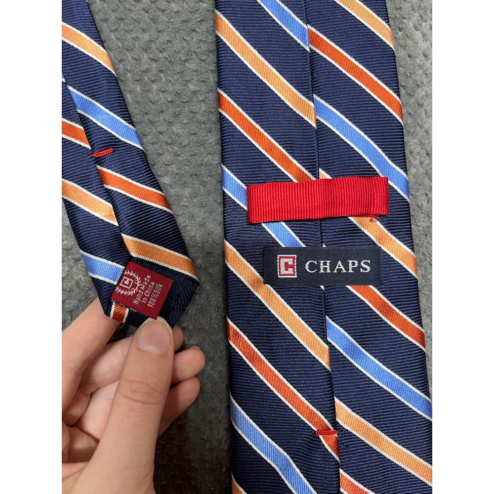 Chaps Mens Silk Necktie Navy Blue Orange Light Blue Striped Formal Business Tie - Picture 4 of 6